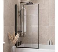 1400 x 800mm Black Grid Bath Shower Screen 6mm Toughened Glass | Square framed over-bath shower screen with 180° pivot hinge, reversible fitting and clear toughened safety glass.
