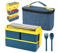 1400ml Lunch Box with 3 Compartments - 2 Layer Leak Proof Bento Box with Insulated Bag and Cutlery, Meal Prep Container Box for Adults Kids Students Office Microwave Dishwasher Safe Available (Blue)