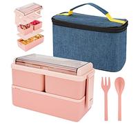 1400ml Lunch Box with 3 Compartments - 2 Layer Leak Proof Bento Box with Insulated Bag and Cutlery, Meal Prep Container Box for Adults Kids Students Office Microwave Dishwasher Safe Available (Pink)