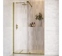 1400mm Brushed Brass Sliding Door Shower Enclosure + Wall Support Bar 8mm Glass - Denver