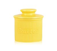 140g French Butter Dish with Lid, Water Seal Ceramic Butter Crock, Round Butter Keeper for Fresh Spreadable Butter, Ribbed Butter Holder Container, Dishwasher Safe