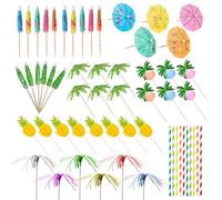 140PCS Cocktail Accessories for Drinks Reusable Paper Cocktail Umbrellas Straws Fruit Labels Tropical Summer Drink Accessories for Beach Summer Accessories Hawaii Party