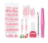 140Pcs French Pink Press on Nails Short | 14Sizes White Edge Fake Nails Set | Full Manicure Kit with Glue&Pusher&Nail Files & Nail Nutrient Solution | Home Manicure DIY,Long Lasting&Comfortable Wear