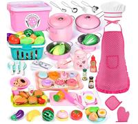 140Pcs Play Kitchen Accessories, Kids Kitchen Playset, Pretend Play Food Tea Party Set, Toy Kitchen Kids Cooking Real with Apron＆Chef Hat, Utensils Cookware Pots＆Pans, Toy Organizer, Toddler Toys Gift