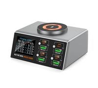 140W Desktop Charging Station, 8-Port USB Hub Digital Display, 4 USB-C + 4 USB-A Ports, 15W Magnetic Wireless Charging for IPhones 14/15/16Pro Ipad MacBook Huawei Xiaomi Laptops