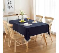 140x140 cm Square Cotton Tablecloth for 2-4 People, Navy Blue Solid Color with Pom-Poms, Perfect for Home Decoration and Dining Table Accessories