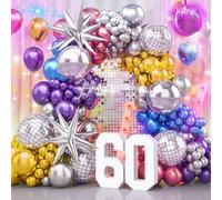 141Pcs Metallic Balloon garland arch kit Disco Dance Party decorations with Chrome Blue Red Purple Silver Disco ball balloons for 80s 90s Themed Birthday Anniversary Party 2026 new year Party