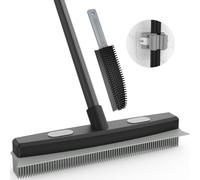 142 cm Telescopic Rubber Broom with Squeegee, Black/Grey - Removes Pet Hair, Indoor/Outdoor Use