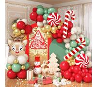 142PCS Christmas Balloon Arch Kit, Red Sage Green Beige Cream White and Metallic Gold Xmas Balloon Garland Set with Candy Cane Elk Foil Balloons for New Year Decor Holiday Birthday Party Decorations