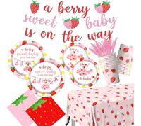 142Pcs Strawberry Party Decorations A Berry Sweet Baby Is On The Way Tableware Strawberry Shortcake Plates and Napkins for Sweet Berry First Birthday Party Baby Shower Party Supplies