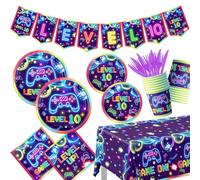 142Pcs Video Game 10th Birthday Party Decorations Neon Level 10 Birthday Decorations Plates Napkins Cups Banner Tablecloth for Boys 10th Party Supplies