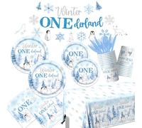 142Pcs Winter Onederland 1st Birthday Decorations Snowflake Plates and Napkins Sets with Tablecloth and Banner Penguin 1st Birthday Decorations with Polar Animals Winter First Birthday Decorations