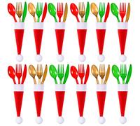 144 Pcs Christmas Plastic Silverware Set, Red Green and Gold Plastic Holiday Cutlery, 36 Spoons, 36 Forks, 36 Knives, and 36 Santa Hats Silverware Holders Xmas Tableware Fork Spoon Knife Storage Bag