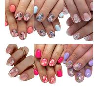 144 Pcs Flower Press on Nails Short Square Fake Nails Spring False Nails with Designs Colorful Floral Glossy Glue on Nails Full Cover Acrylic Stick on Nails for Women Manicure 6 Packs