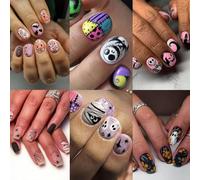 144 Pcs Halloween Press on Nails Kit Short Square Fake Nails 6 Styles Full Cover Little Ghost Skull Bats Pumpkin Halloween Nails Designs False Nails Glossy Artificial Nail Set for Women Manicure Decor