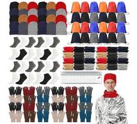 144 Pcs Homeless Care Package Supplies Bulk Winter Beanie Hats Emergency Blankets Sock Gloves Scarf Unisex Draw String Bag for Cold Weather Woman Men Homeless Charity Donating Warm Gift Multi-colored