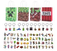 144Pcs Miner Gaming Party Bag Fillers 12 Gaming Party Bags, 12 Gaming Keychain and 120 Gaming Stickers, Paper Party Bags with Handles for Boys Girls