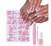 144PCS Pink French False Nails, 72PCS Long Square French Fake Nails & 72PCS Short Square False Toenails, Reusable Fake Nail Tips Extensions for Home DIY (Pink)