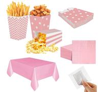 145 Pcs Party Supplies,24Pcs Pink Popcorn Boxes,1 Pink Table Cloth 137 X 274cm,60 Pcs Napkins 25 X 25 cm,100Pcs Gloves Disposable,Party Decorations for Birthday Baby Wedding Partys