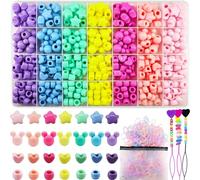 1451Pcs Hair Beads for Braids with Elastic Rubber Band Threaders Kit, Candy Color Acrylic Beads Mickey Heart Star Beads Pastel Pony Beads Kandi Beads for Hair Braids Bracelet Jewelry Making DIY Craft