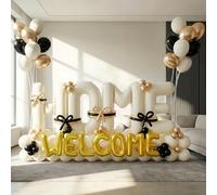 145Pcs Housewarming Party Decorations, 40Inch Beige Welcome Home Balloon Banner, Cream Ivory Black Gold Balloons for New Home Sweet House Warming Homecoming Party