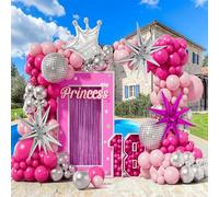 145Pcs Pink Silver Balloon Arch Kit with Pink Silver Disco Ball Star Crown Balloons for Barbie Princess Theme Party Birthday Girl Baby Shower Anniversary Wedding Decorations