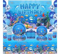 146 Pack Under the Sea Party Supplies Ocean Sea Party Tableware Set - Plates, Cups, Napkins, Tablecloth, Backdrop, Balloons for Underwater World Summer Beach Birthday Party Decorations Serves 20