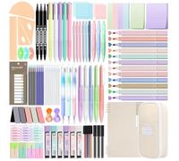 146PCS Aesthetic Stationery Supplies with Pen Case & Notebook,12 Pastel Highlighters,3 Erasable Pens,5 Multicolor Pen,5 Gel Pen,9 Mechanical Pencil Stationery Set for Students School Supplies, Beige