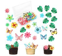 148 PCS Cupcake Toppers, Cupcake Decorations Toppers with 48 PCS Tropical Leaves + 50 PCS Flowers + 50 PCS Butterfly, Jungle Themed Hawaiian Cake Toppers for Birthday Wedding Party Food Decorations