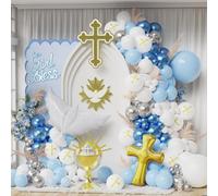 148Pcs First Communion Balloon Garland Arch Kit, Pastel Blue White Metallic Silver Blue Balloons with Cross Dove Foil Balloons for First Communion Baptism God Bless Birthday Party Decorations
