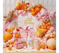 149PCS Pink Fall Balloon Arch Kit Orange Dusty Pink Balloons Garland with Bow Pumpkin Maple Leaf Foil Balloons for Fall Thanksgiving Autumn Harvest Birthday Baby Shower Girl Party Decorations