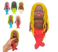 14cm Babies Squishies Cute Soft Doll Squeeze Toy with Wavy Hair & Tail, Office Stretch Anxiety Stress Relief Sensory Toy, Random Color, Sand Squishies Toys (A)