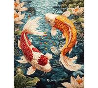 14Ct Cross Stitch, 14 Count Counted Stamped Pre Printed Cross Stitch Two Koi Fish Swimming In A Lotus Pond Embroidery Kits For Adults Beginners Starter Advanced Easy Crossstitch Patterns Set