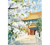 14CT Cross Stitch Kits For Adults Beginners Oriental Architecture And Flowering Trees Pre Printed Handmade Embroidery Sewing Set Needlepoint With Accessories Needlework For Home Wall Dec 60x80cm