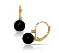14ct Solid Gold Created 7mm Gemstone Ball and CZ Stationary Leverback Long Drop Dangle Earrings (7mmx22mm) (onyx)-Ball Earring for Women