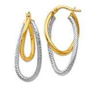 14ct Solid Gold Two tone Polished and Textured Hinged Hoop Earrings 28x15mm Wide 9mm Thick-Hoop Earring for Women