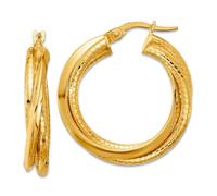 14ct Solid Yellow Gold Polished and Textured Twisted Circle Hoop Earrings 27.5x26mm Wide 4.66mm Thick-Hoop Earring for Women