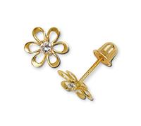 14ct Yellow Gold Cubic Zirconia CZ Small Open Daisy Flower Screw Back Earrings (8mm) (Yellow Gold) Stud Earring for Women