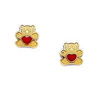 14ct Yellow Gold Enamel Screw Back Teddy Bear With Love Heart Earrings 7x7mm Stud Earring for Women