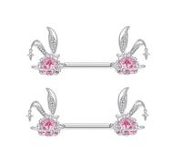 14G Cute Rabbit Bunny Nipple Bars Rings for Women Stainless Steel Crystal Pave CZ Rabbits Shield Nipplerings Studs 16mm Lovely Sparkling Pink CZ Heart Barbell Piercing Jewelry