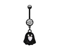 14G Heart Ghost Dangle Belly Button Bars Rings for Women Unisex Stainless Steel CZ Bezel Black Enamel Small Cute Specter Drop Belly Navel Rings Halloween Statement Body Piercing Belly Barbell Jewelry