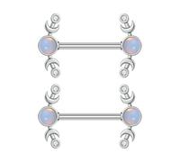 14G Opal & Crystal Nipple Barbells Tongue Ring - Hypoallergenic Stainless Steel Body Piercing Jewellery for Women, Crescent Moon & Heart Designs (Moon)