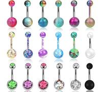 14G Surgical Steel Belly Button Rings, Set of 18, Colourful Pearl and Crystal Design, 5mm Bar