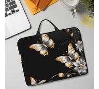 14in Laptop Sleeve Bag, Lightweight Waterproof Laptop Bag Shockproof Soft Carrying Case Gold White Butterflies Black1 Tablet Travel Cover with Handle for 13-14 Inch Notebook