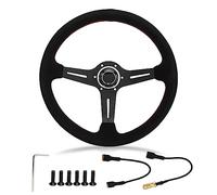 14in Steering Wheel Suede Red Stitching Universal Racing Steering Wheel for Cars Black Aluminum Alloy 350mm Diameter with Horn Button and Wrench Included