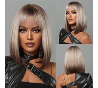 14Inch Bobo Straight Wigs with Bangs Lace Front Wigs Glueless Machine Made Wigs for Blonde Mixed Brown Women Natural Color