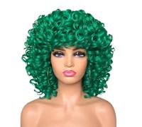 14inch Short Curly Afro Synthetic Wig with Bangs,Women Kinky for Daily Use,180 Density Fluffy and Natural(Green)