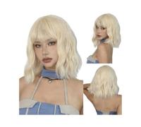 14inch Short Wavy Wigs with Bangs, Curly Bob Shoulder Length Synthetic Colorful Wig for Women Daily Use Fluffy and Natural(Platinum)