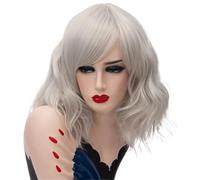 14inch Short Wig Wavy Bob Ombre Wigs whith Bangs, Women Shoulder Length Synthetic Dark Roots Hair for Daily Use Fluffy and Natural(Silver grey)