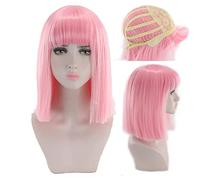 14inch Straight Black White Pink Red Blue Short Bob Wigs For Women Synthetic Hair Anime Cosplay Party Wig With Bangs 8 Colors OneSize Pink